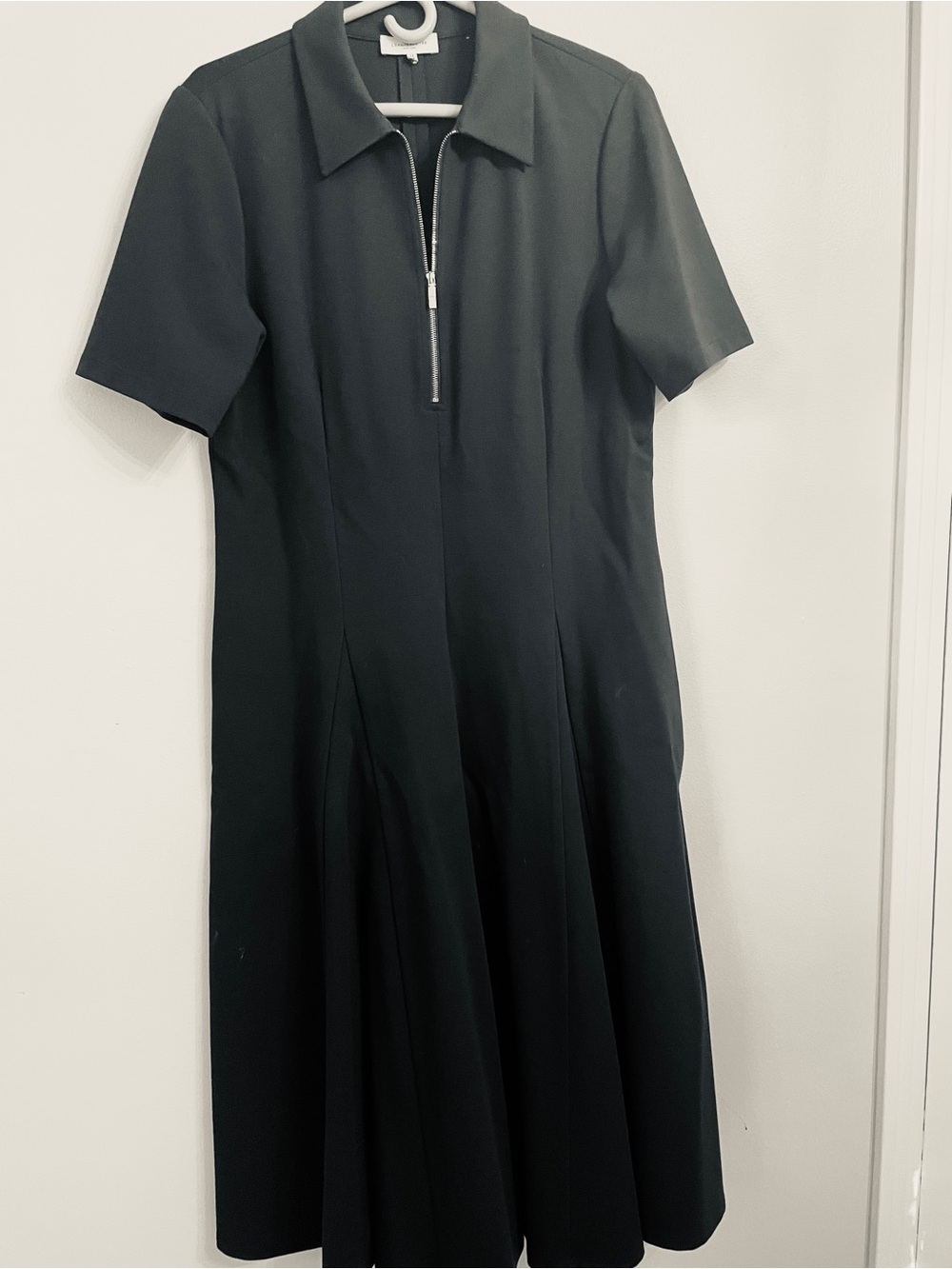 Lafayette 148 New York Deep Green Short-Sleeve Midi Dress with Zip Collar